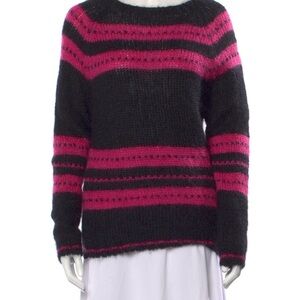 Designer Black & Hot Pink Striped Mohair Crew Neck Sweater